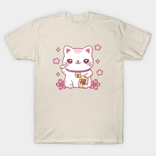 Cute Maneki Neko Japan Good Luck Cat And Flowers T-Shirt by rustydoodle